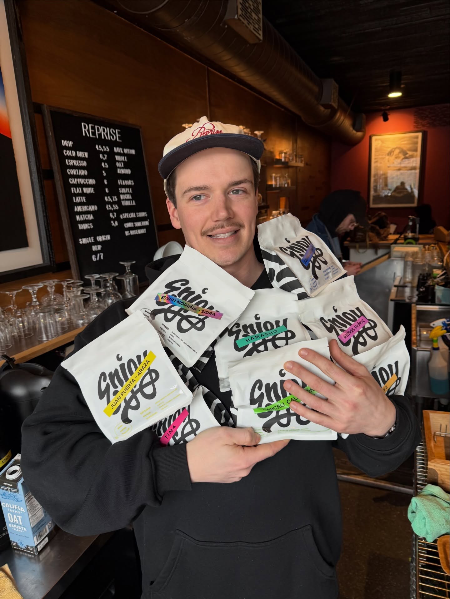 Coffee beans and menu card at Reprise